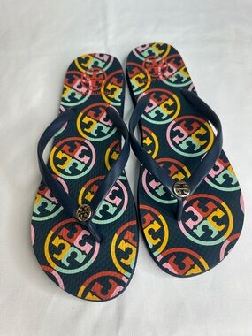Tory Burch Navy Flip Flops with Multicolor Logo Print